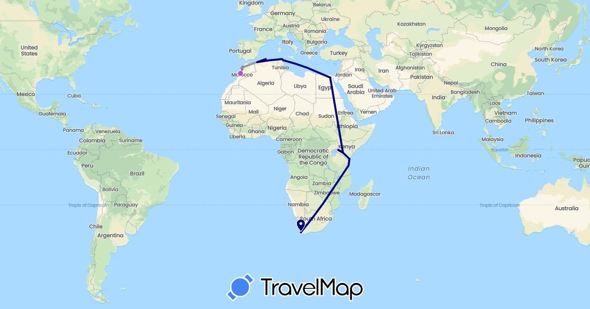 TravelMap itinerary: driving, plane, train in Algeria, Egypt, Kenya, Morocco, Tunisia, Tanzania, South Africa (Africa)